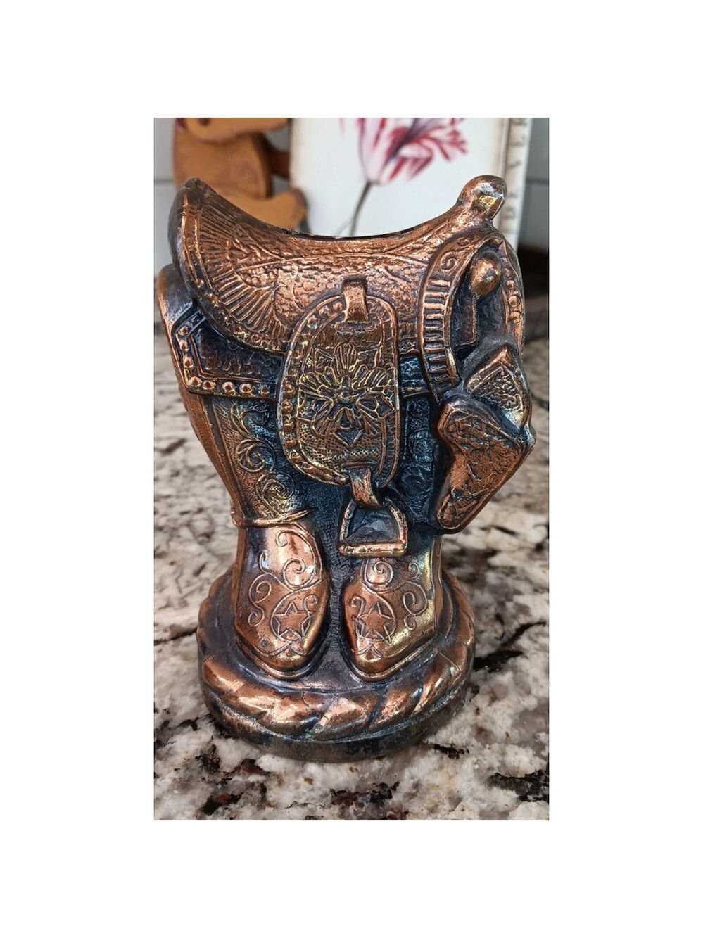 Vintage Cowboy Boots & Saddle Metal Piggy Bank. Copper Finish. Gorgeous